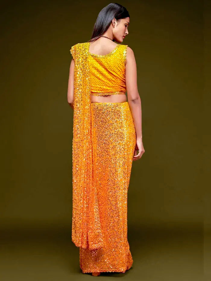 Yellow Georgette Saree with All Over Shimmer Sequin Work and Matching Sequin Blouse