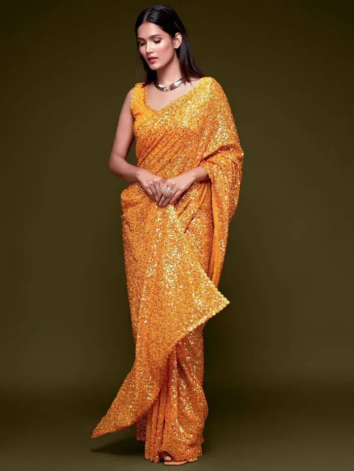Yellow Georgette Saree with All Over Shimmer Sequin Work and Matching Sequin Blouse