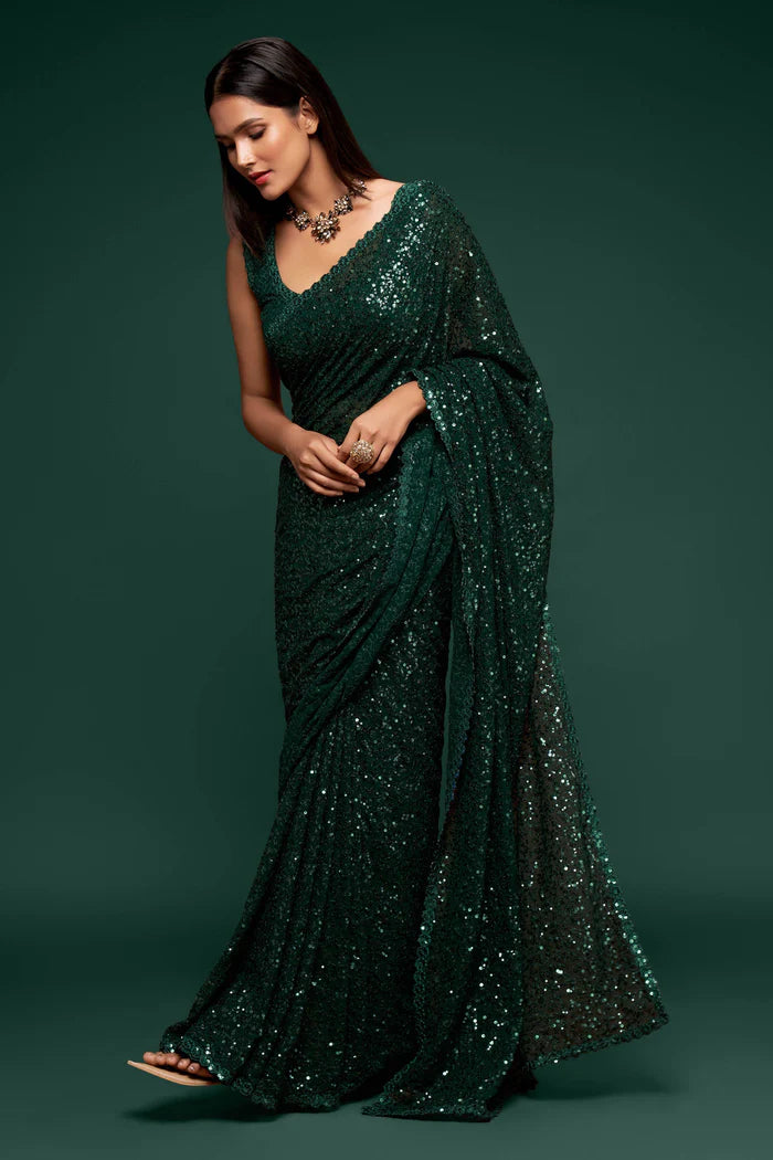 Dark Green Georgette Saree with All Over Shimmer Sequin Work and Matching Sequin Blouse
