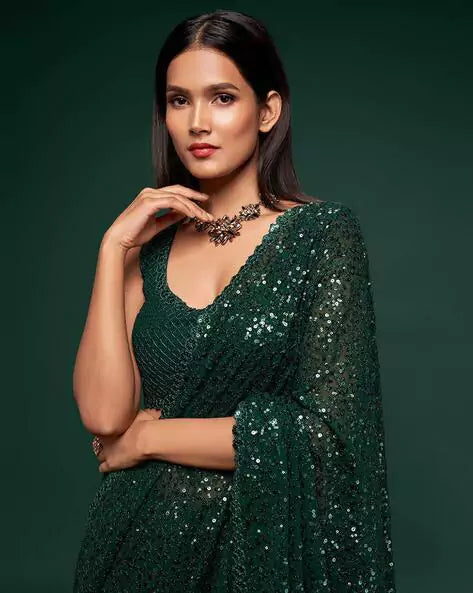 Dark Green Georgette Saree with All Over Shimmer Sequin Work and Matching Sequin Blouse