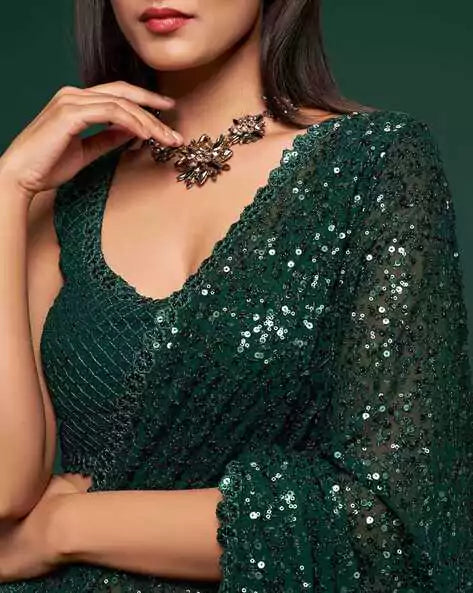 Dark Green Georgette Saree with All Over Shimmer Sequin Work and Matching Sequin Blouse