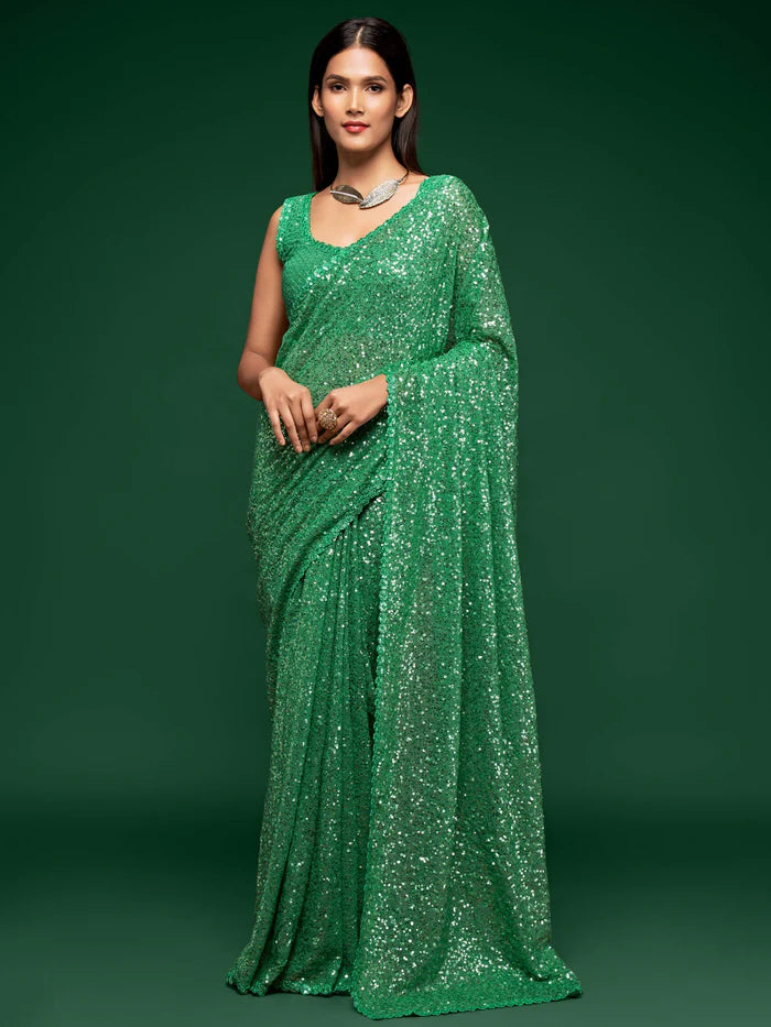 Green Georgette Saree with All Over Shimmer Sequin Work and Matching Sequin Blouse