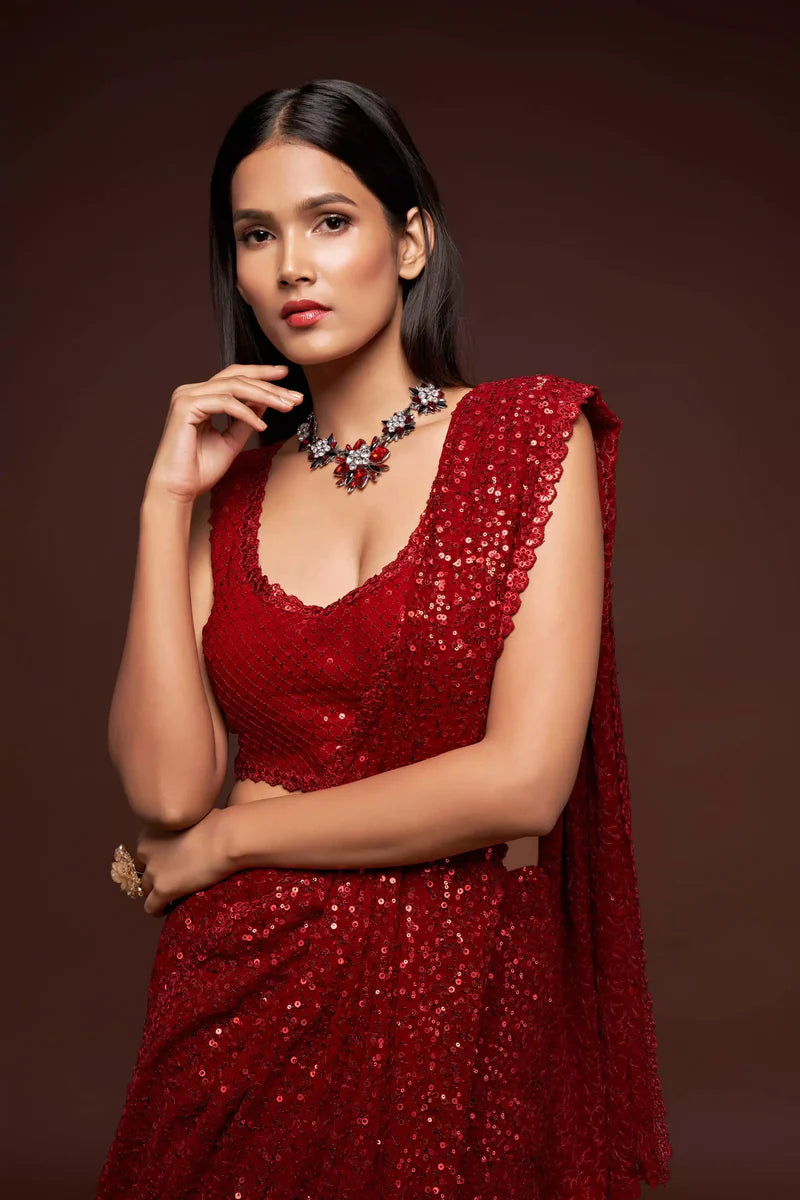 Red Georgette Saree with All Over Shimmer Sequin Work and Matching Sequin Blouse