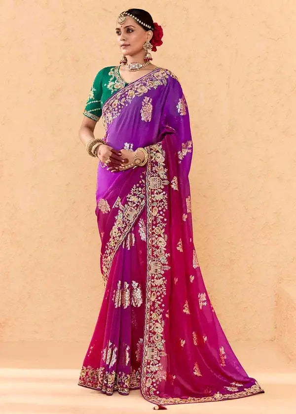 Purple & Pink Dual-Tone Silk Saree with Stone Embroidery and Contrasting Green Embroidery  Blouse