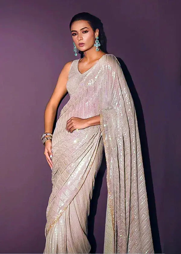 Beige Georgette Saree with All-Over Rainbow Sequin Work and Matching Organza Silk Blouse