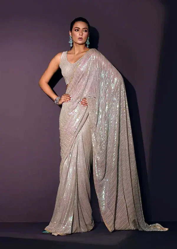 Beige Georgette Saree with All-Over Rainbow Sequin Work and Matching Organza Silk Blouse