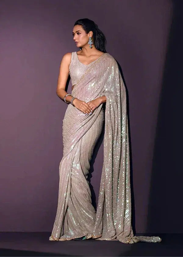 Beige Georgette Saree with All-Over Rainbow Sequin Work and Matching Organza Silk Blouse