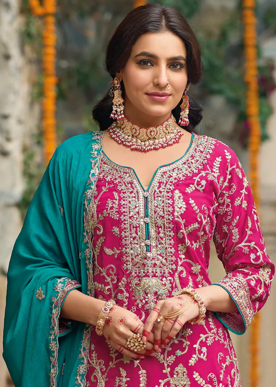 Pink Silk Salwar Kameez with Thread and Sequin Embroidery