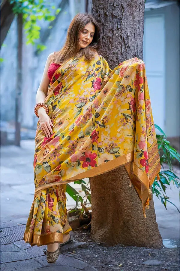 Yellow Pure Silk Floral Print Saree with Zari Border Work and Red Silk Blouse by Label Nonita