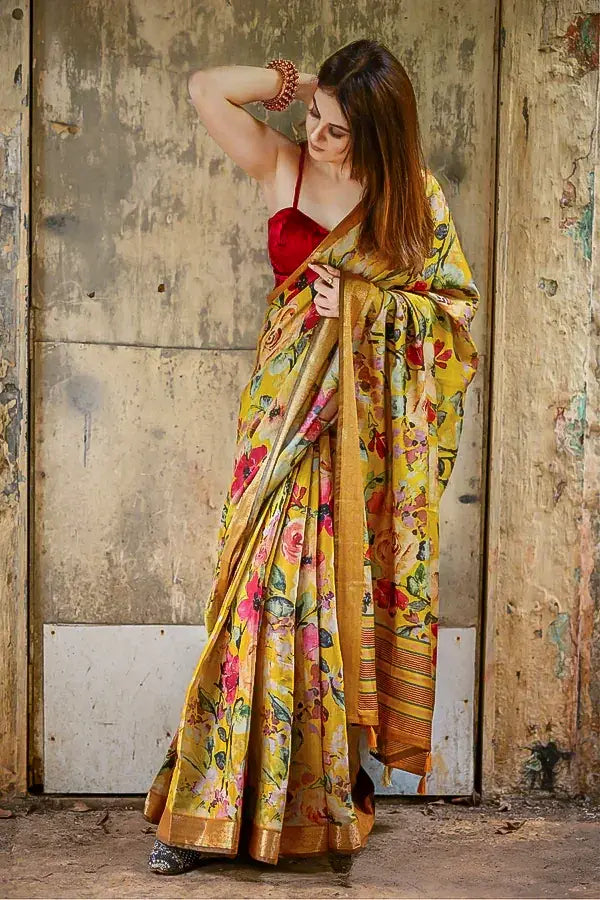 Yellow Pure Silk Floral Print Saree with Zari Border Work and Red Silk Blouse by Label Nonita