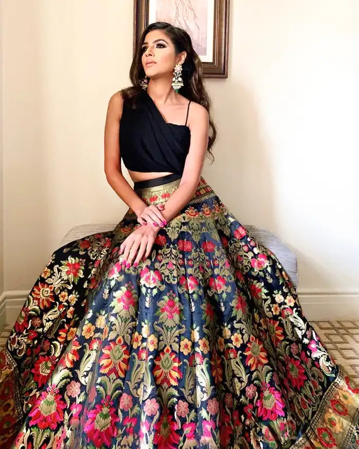 Midnight Black Banarasi Silk Lehenga Choli with Brocade Pattern & Georgette Blouse