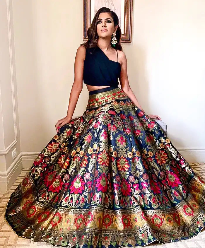 Midnight Black Banarasi Silk Lehenga Choli with Brocade Pattern & Georgette Blouse