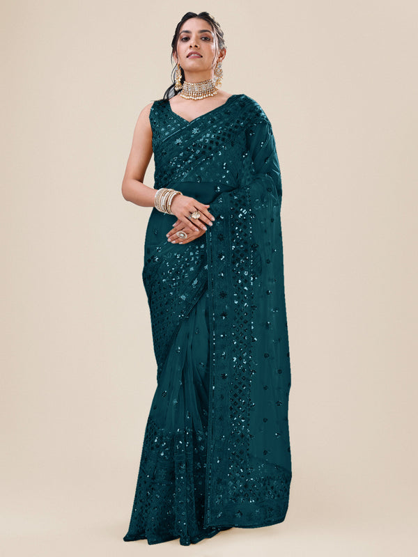 Victoria Emerald Embroidered Polka Saree - Nonita Fashion