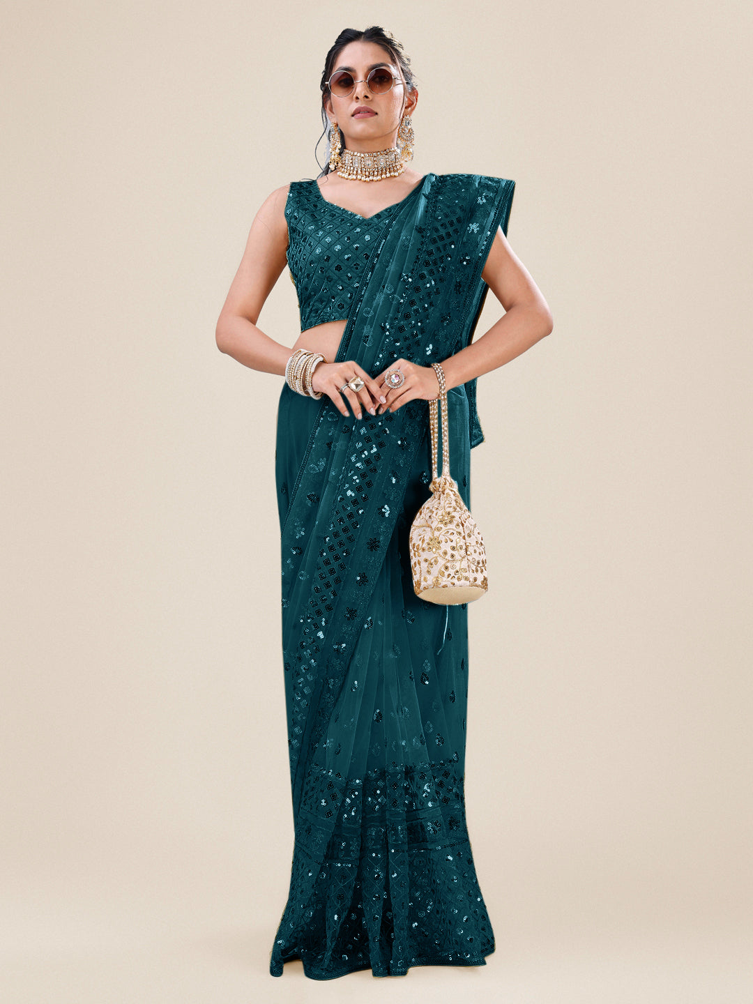 Victoria Emerald Embroidered Polka Saree - Nonita Fashion