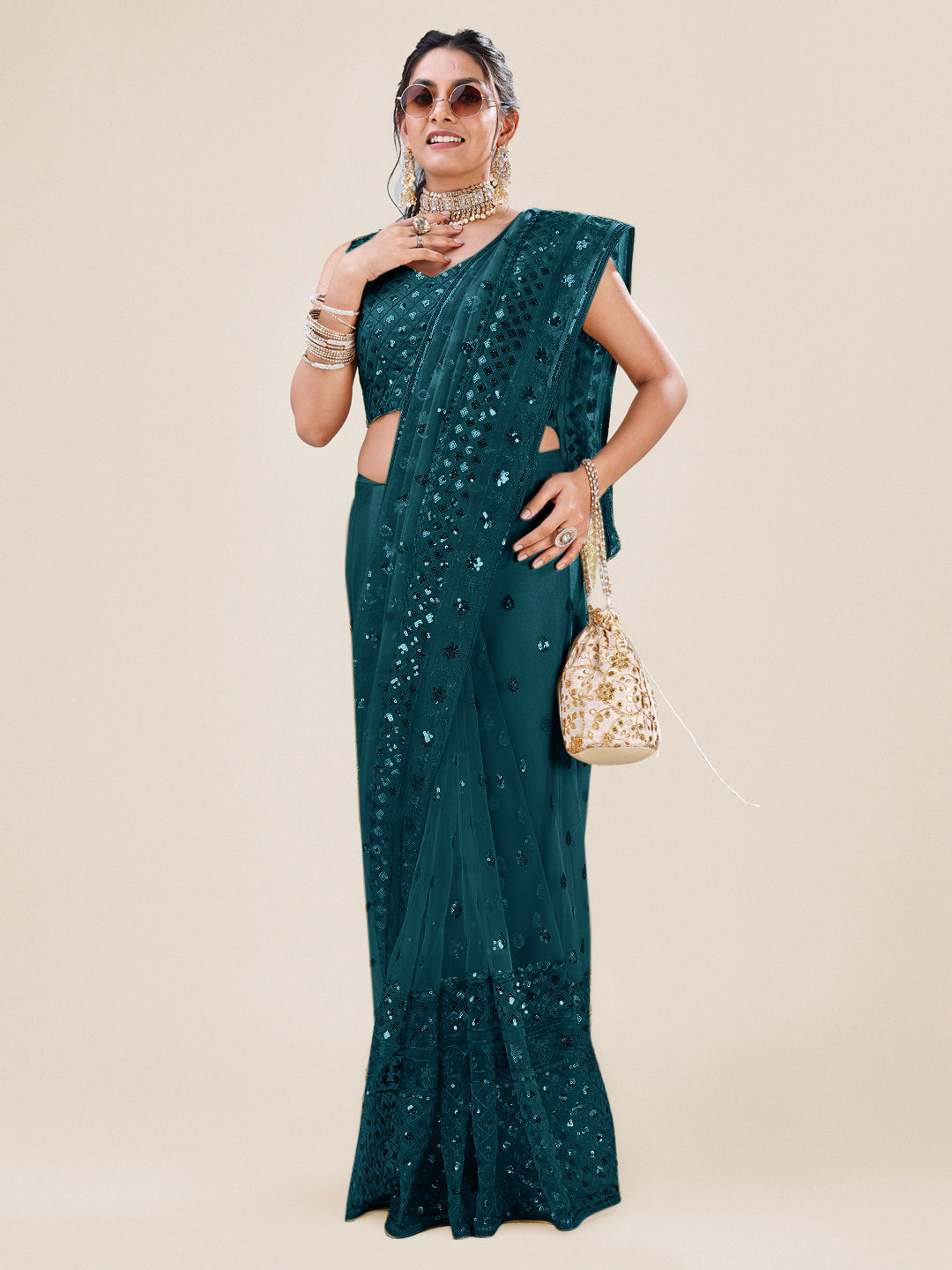 Victoria Emerald Embroidered Polka Saree - Nonita Fashion