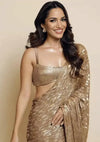 Gold Georgette Saree with All Over Heavy Sequin Brocade Borders Embroidery and Matching Sequin Blouse