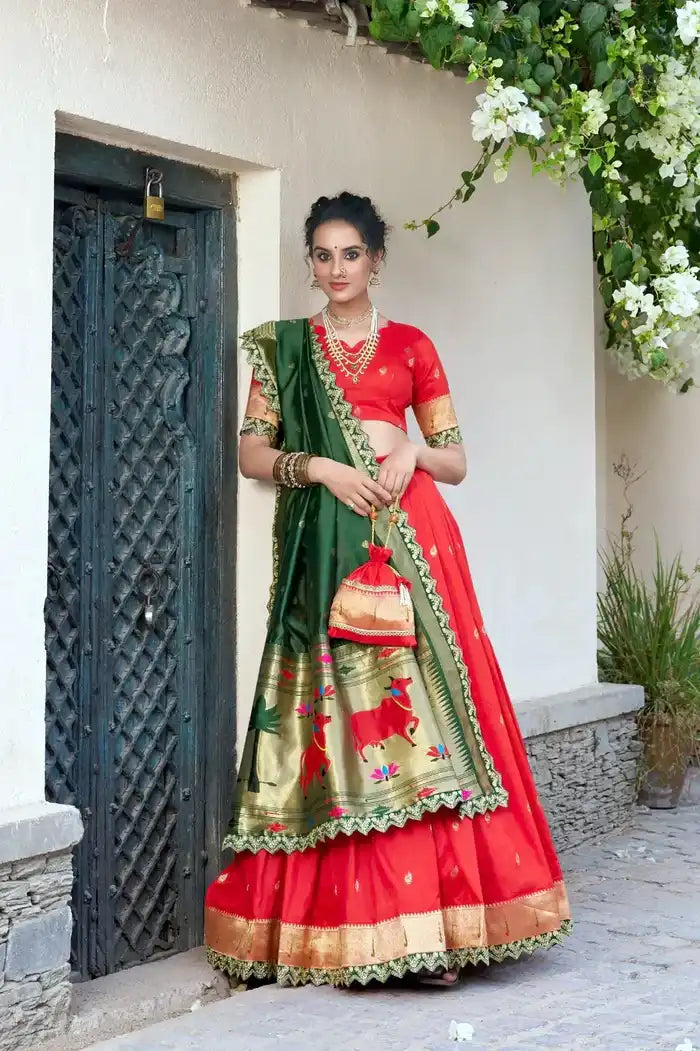 Red Paithani Silk Lehenga Choli with Green Rich Zari Dupatta and Matching Blouse