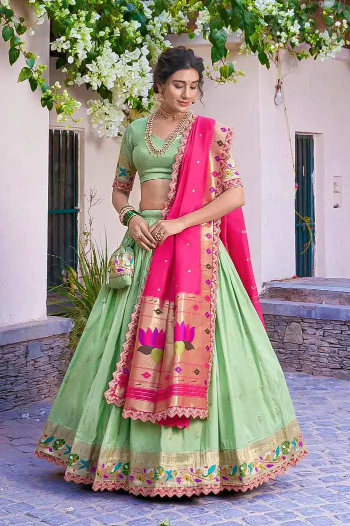 Green Paithani Silk Lehenga Choli with Pink Rich Zari Dupatta and Matching Blouse