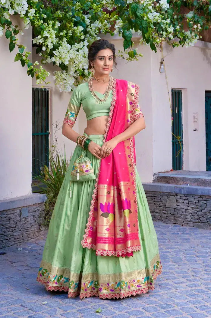 Green Paithani Silk Lehenga Choli with Pink Rich Zari Dupatta and Matching Blouse