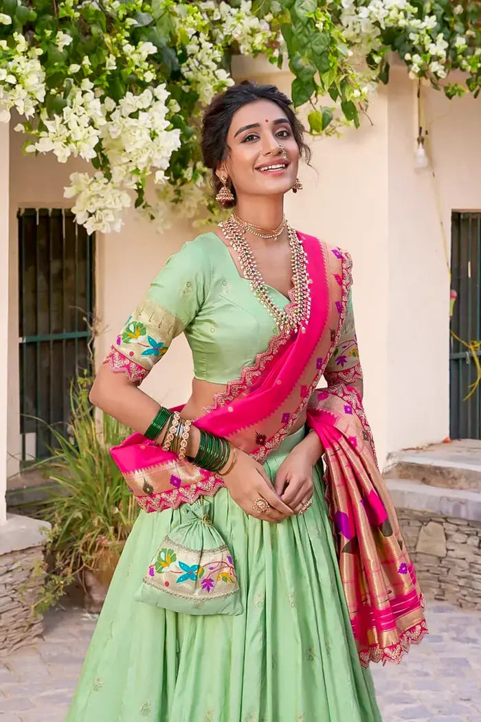 Green Paithani Silk Lehenga Choli with Pink Rich Zari Dupatta and Matching Blouse