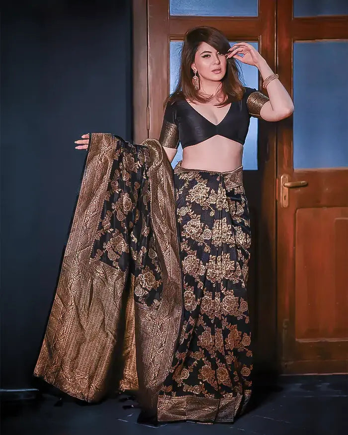 Black Silk Saree with All-over Golden Zari Floral Weaving with Matching Blouse