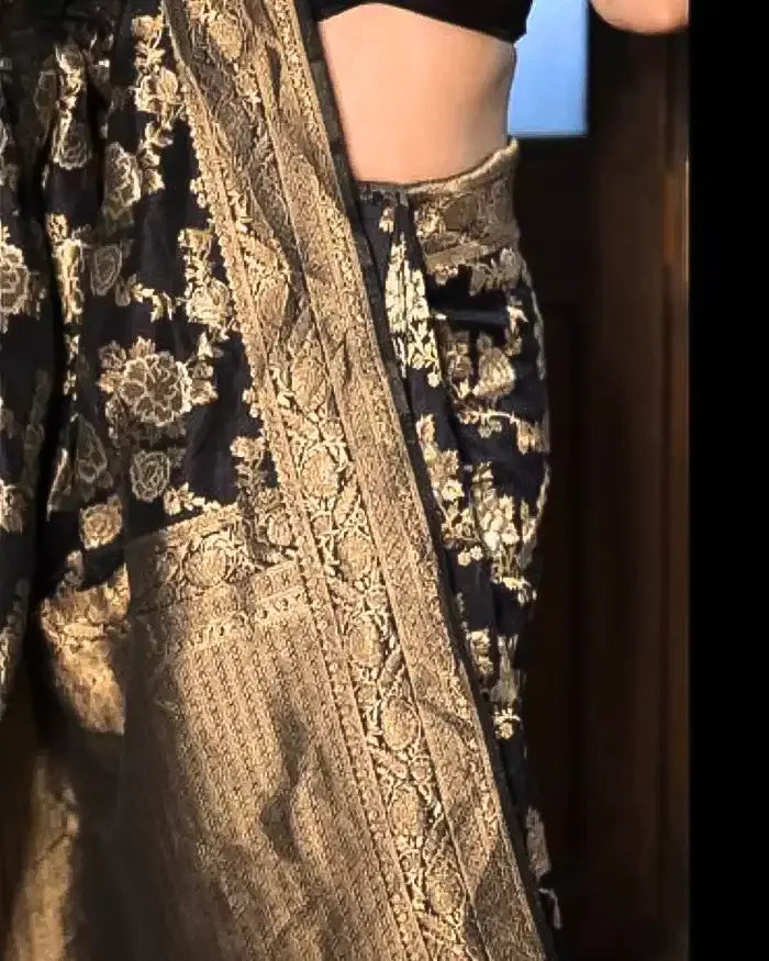 Black Silk Saree with All-over Golden Zari Floral Weaving with Matching Blouse