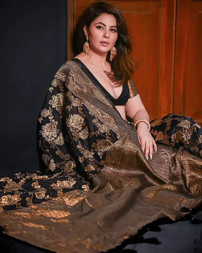 Black Silk Saree with All-over Golden Zari Floral Weaving with Matching Blouse