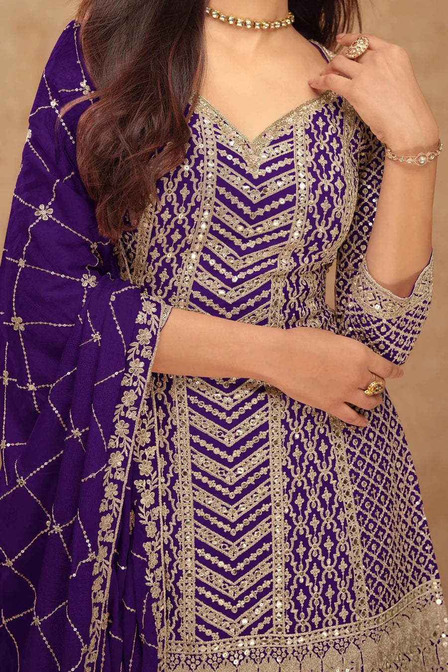 Purple Georgette Salwar Kameez with Chevron Sequins and Motif Embroidery