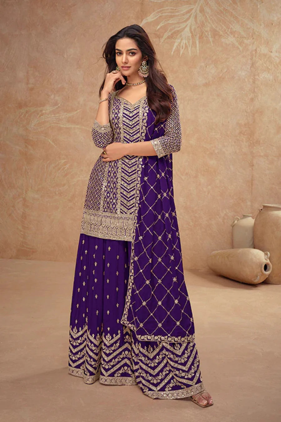 Purple Georgette Salwar Kameez with Chevron Sequins and Motif Embroidery