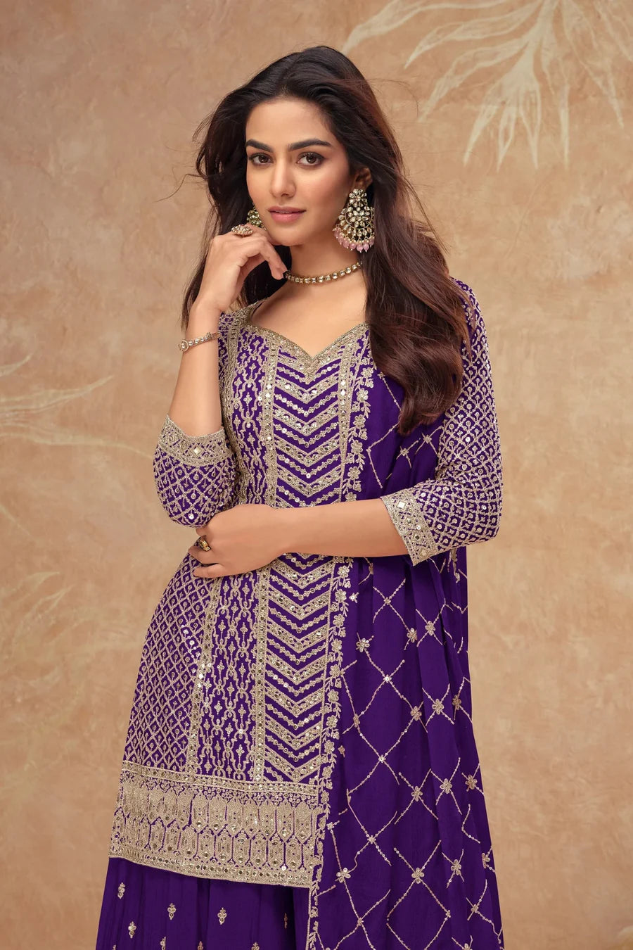 Purple Georgette Salwar Kameez with Chevron Sequins and Motif Embroidery
