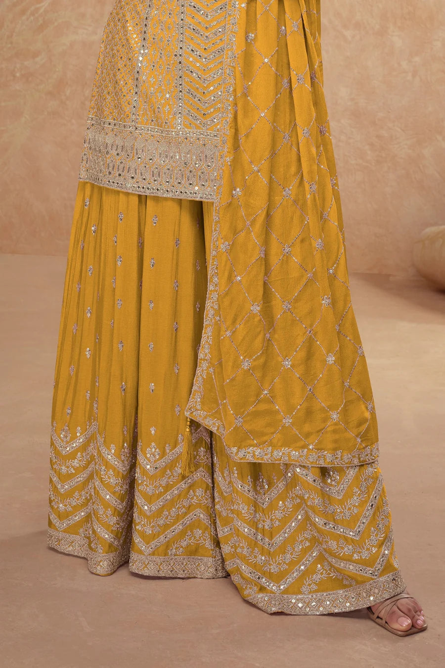 Yellow Georgette Salwar Kameez with Chevron Sequins and Motif Embroidery