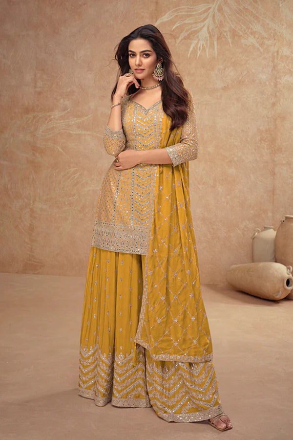 Yellow Georgette Salwar Kameez with Chevron Sequins and Motif Embroidery