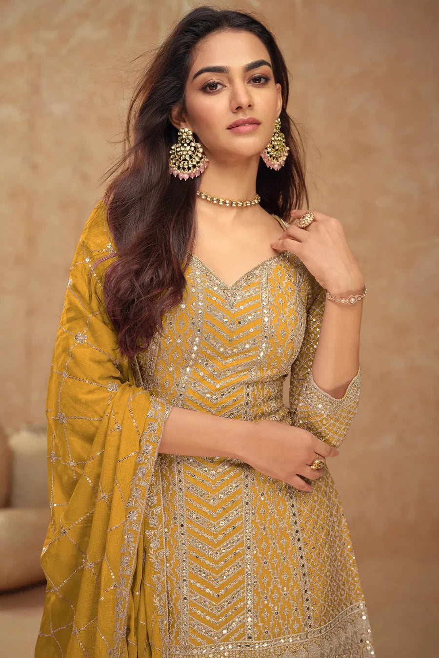 Yellow Georgette Salwar Kameez with Chevron Sequins and Motif Embroidery