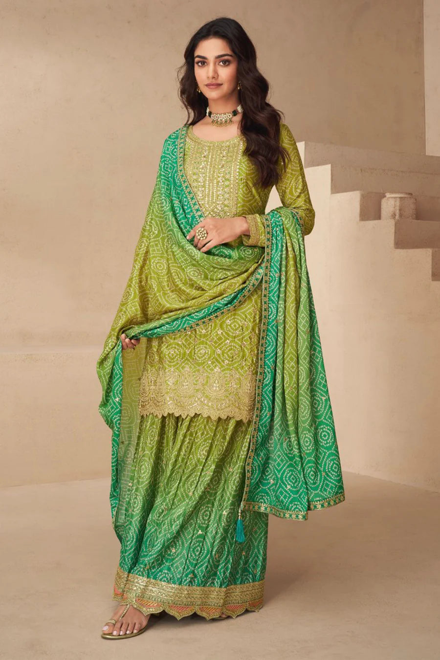 Green Silk Salwar Kameez with Bandhani Print and Gota Patti Embroidery