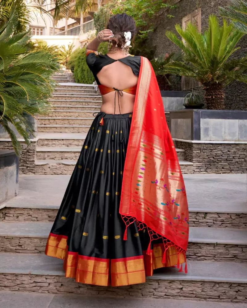 Black Silk Lehenga with Red Paithani Dupatta and Gold Border Detailing