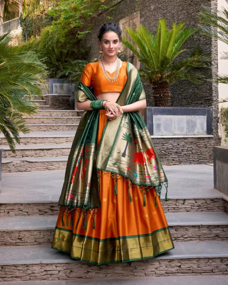 Orange Diwali Delicacy Paithani Silk Lehenga