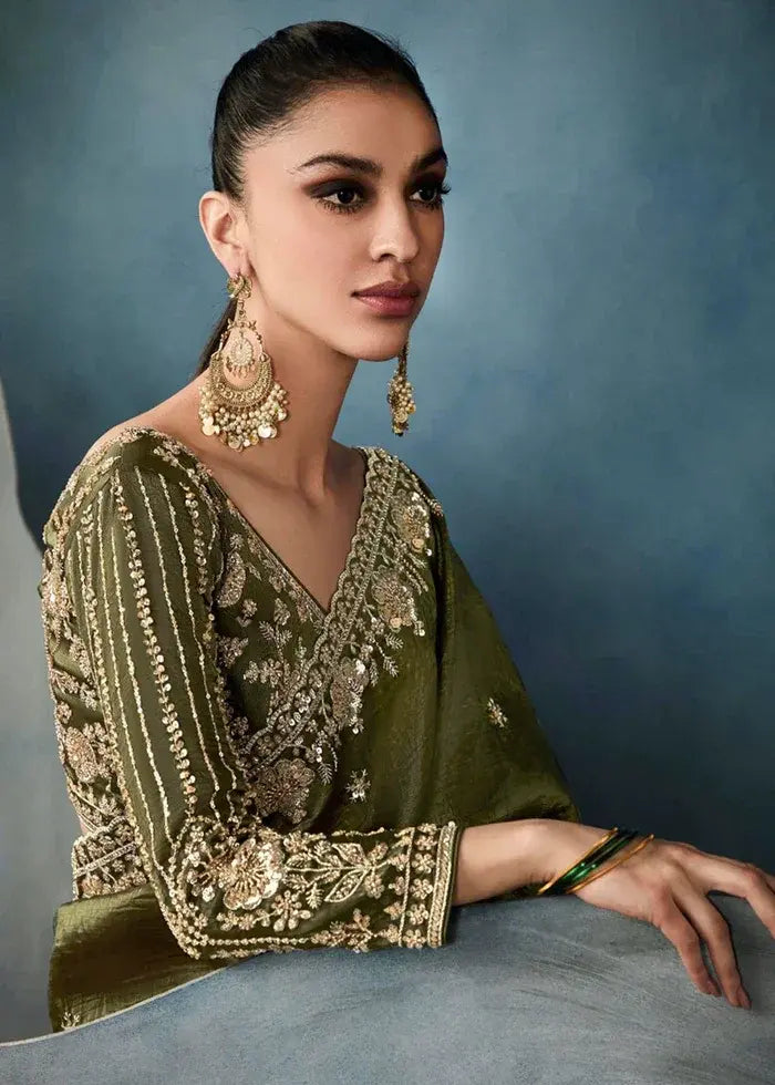 Olive Green Pure Tissue Silk Saree with Hand Floral Embroidery Border and Sequin Bead Work