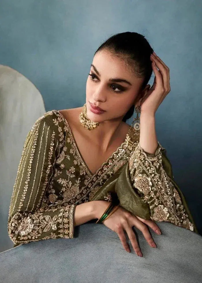 Olive Green Pure Tissue Silk Saree with Hand Floral Embroidery Border and Sequin Bead Work