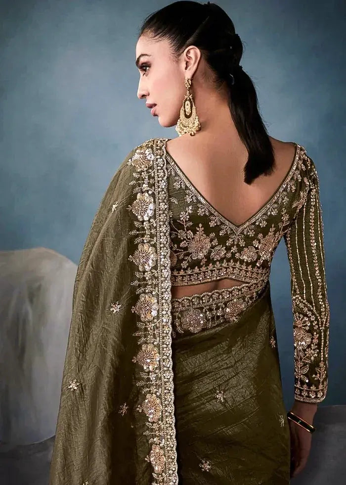 Olive Green Pure Tissue Silk Saree with Hand Floral Embroidery Border and Sequin Bead Work