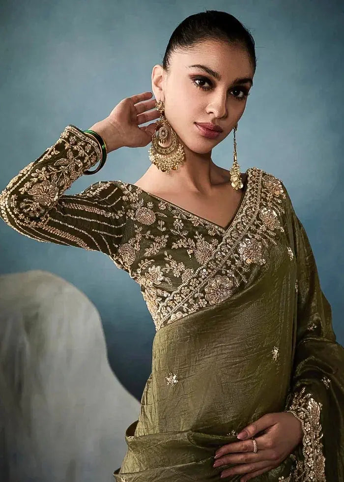 Olive Green Pure Tissue Silk Saree with Hand Floral Embroidery Border and Sequin Bead Work