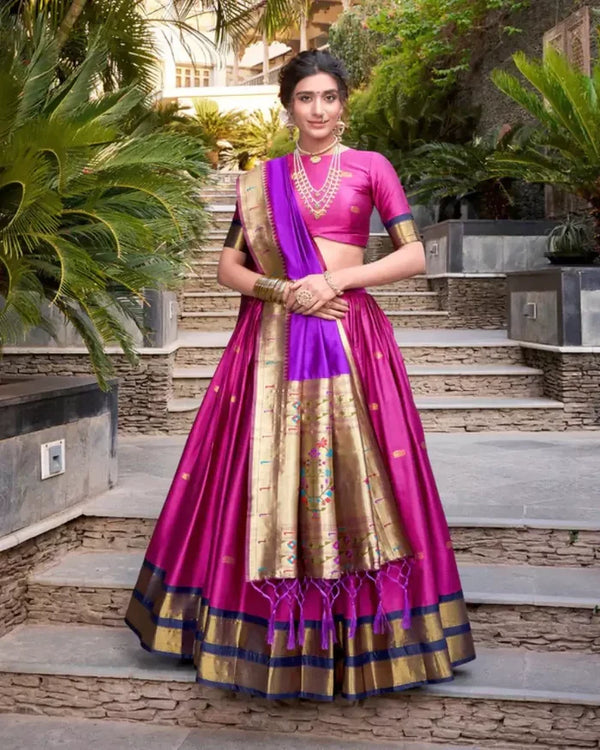 Purple Silk Lehenga with Dark Purple Paithani Dupatta and Gold Border Detailing