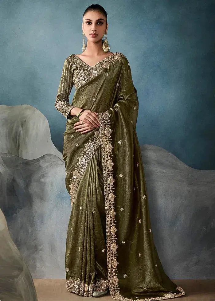 Olive Green Pure Tissue Silk Saree with Hand Floral Embroidery Border and Sequin Bead Work
