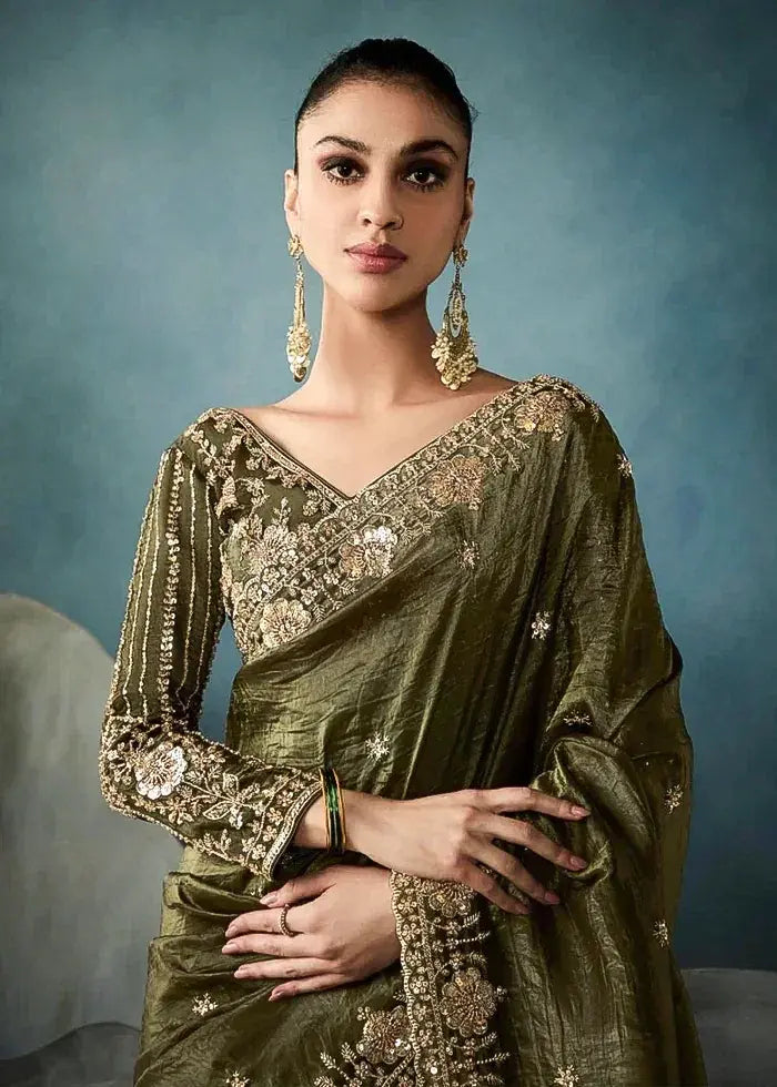 Olive Green Pure Tissue Silk Saree with Hand Floral Embroidery Border and Sequin Bead Work