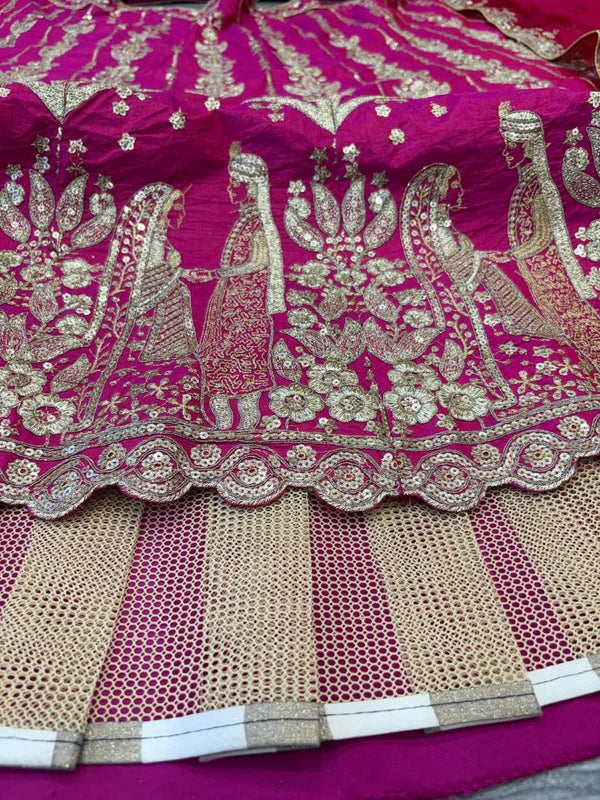 Magenta Pink Bridal Silk Lehenga with Heavy Zari Embroidery, Stone Work, and Royal Motif Design