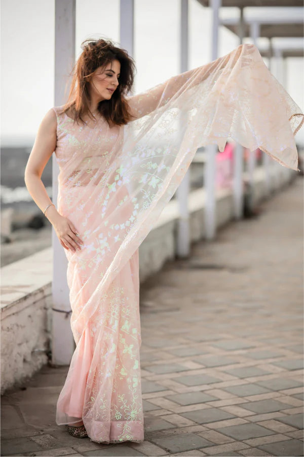 Peach Net Saree and Floral Sequin Embroidery Work with Matching Blouse