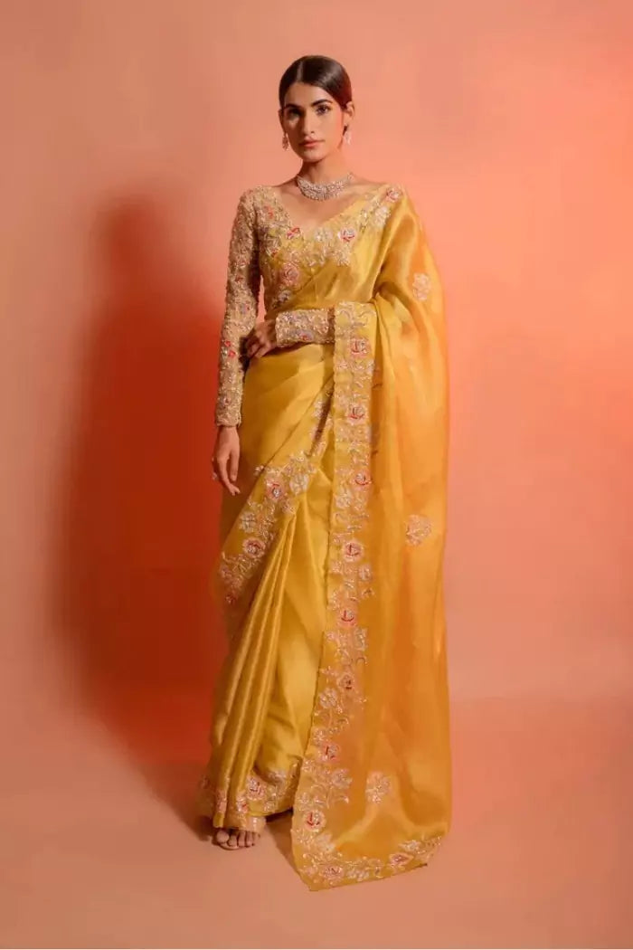 Yellow Organza Silk Saree with Intricate Thread & Bead Embroidery and Full Sleeve Floral Blouse