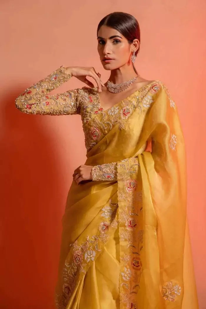 Yellow Organza Silk Saree with Intricate Thread & Bead Embroidery and Full Sleeve Floral Blouse