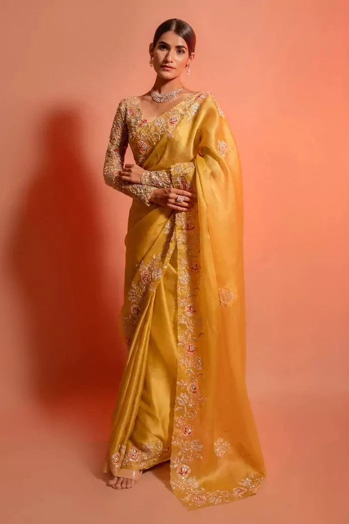 Yellow Organza Silk Saree with Intricate Thread & Bead Embroidery and Full Sleeve Floral Blouse