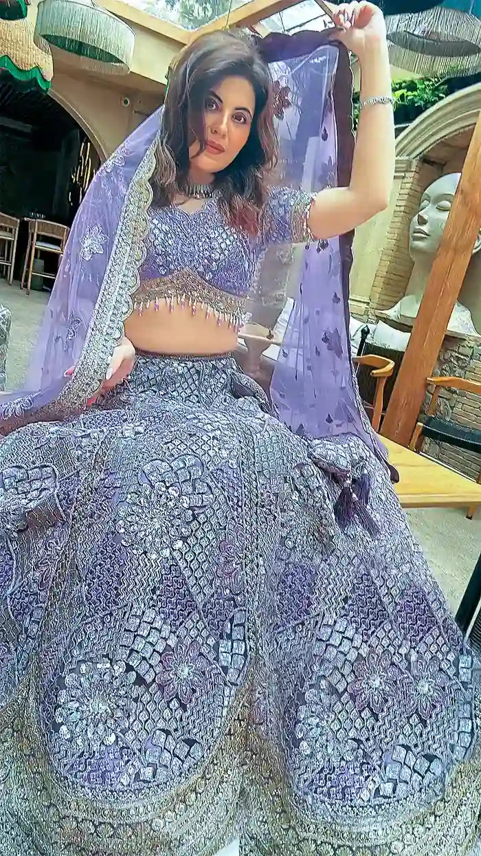 Lavender Silk Lehenga with Floral Embroidery Mirror Stonework and Gold Zari Border Work