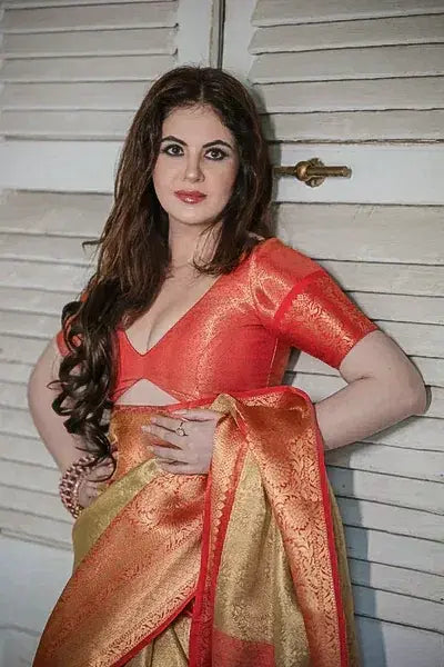 Gold Pure Banarasi Silk Saree with Orange Zari Border and Contrast Orange Blouse